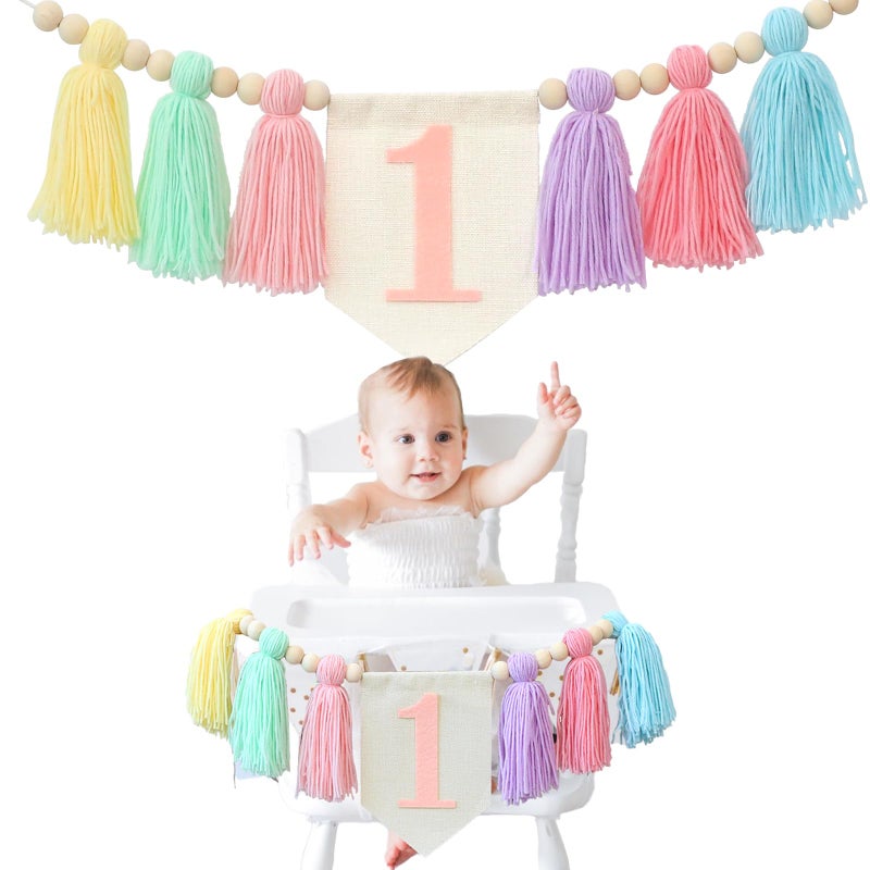 Ereniko Handmade Boho 1st Birthday High Chair Banner Party Decoration for Girl Baby Shower Wall Hangings Decorative for Kids Bedroom Purple - Image 1
